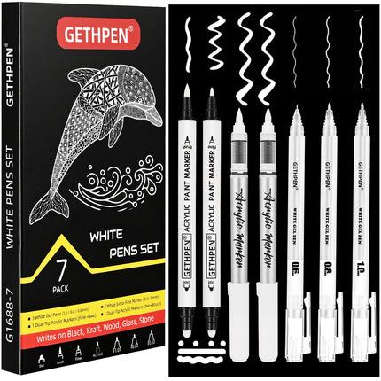 White Pens Set, White Gel Pens, Dual-Tip Acrylic Paint Pen, 7 Pack