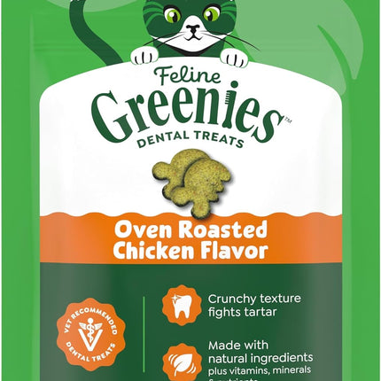 Greenies Cat Treats, Feline Veterinarian-Recommended Adult Natural Dental Cat Treats, Oven Roasted Chicken Flavor, 2.1 oz. Pouch