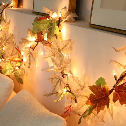 Fall Decorations Lighted Fall Garland, 9FT 50 Count Incandescent Lights Brown Wire UL Certified Connectable Maple Leaves String Lights for Home Party Fireplace Mantle Thanksgiving Decor (Orange, 9FT)