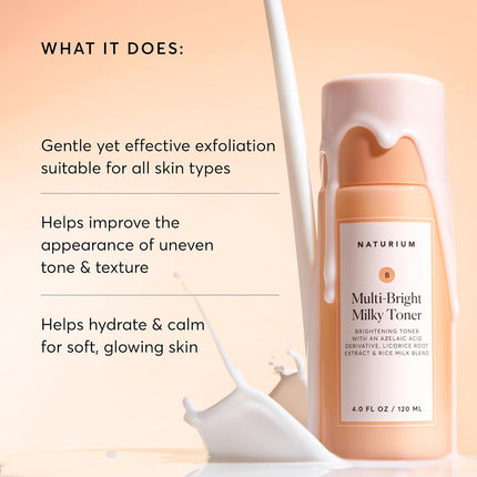 Naturium Multi-Bright Milky Toner, Exfoliating Skincare for Face with Azelaic Acid, 120 mL / 4 fl oz