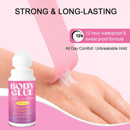 Strong Hold Body Glue for Skin and Fabric, Roll On Clothing Adhesive for Dresses and Dance Costumes, Sweat Resistant Fashion Glue for Socks, Strapless Tops, Performance Wear, 75ml