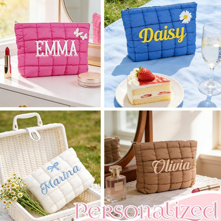 Personalized Embroidery Makeup Bag for Women, Cotton Fluffy Bubbles Bridesmaid Cosmetic Bags, Cute Aesthetic Toiletry Travel Pouchs Handbags Purse, Mother's Day, Christmas,Birthday Wedding Gifts