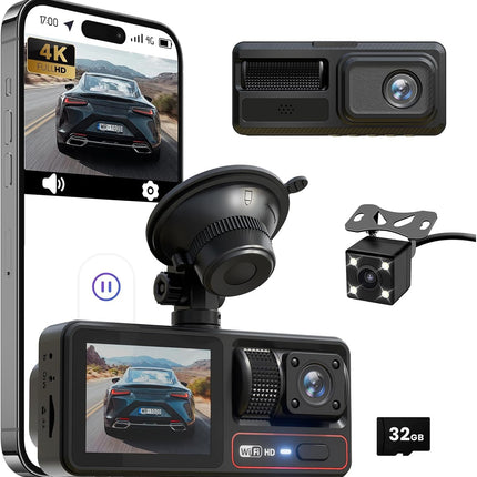 3 Channel Dash Camera for Cars,Triple Lens 4K+1080P+1080P Dash Cam Front Rear Inside,Built-in 5G WiFi & App, Night Vision,24H Parking Mode,Loop Recording,170° Wide Angle,32GB Card Included(Black)