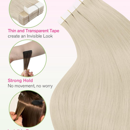 YoungSee 24 Inch Platinum Blonde Tape in Extensions Human Hair Invisible Tape in Hair Extensions Human Hair Platinum Blonde Tapes on Hair Extension Remy Hair for Long Hair 20pcs 50g