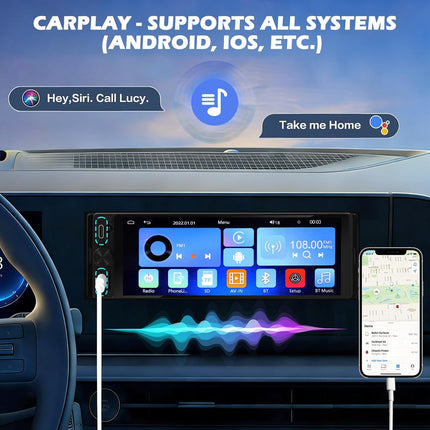 DINRGO Single Din Car Radio - Car Stereo with Wireless Apple Carplay Android Auto, 6.9" Touchscreen Radio with Bluetooth 5.2 Support Mirror Link, RC，GPS, FM, USB & Type-C Fast Charging, EQ, SWC，MIC