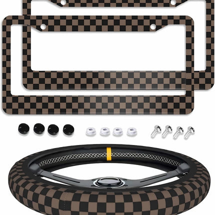 Checkered Brown License Plate Frame 2pc Checkered Brown Black License Plate Frame Checkereds Steering Wheel Cover Steering Wheel Cover Cars Aluminum with Fits Standard Us Ca Vehicles