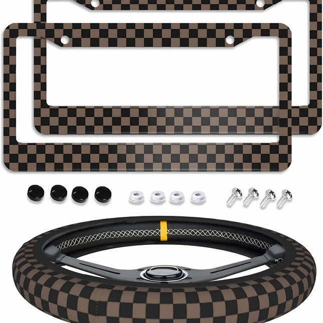Checkered Brown License Plate Frame 2pc Checkered Brown Black License Plate Frame Checkereds Steering Wheel Cover