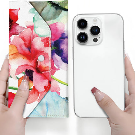 PU Leather Cash Envelopes Wallet, Reusable Money Savin Wallet, Cute Budget Envelope with 4 Dividers & 1 Sheets Budget Labels Bright Watercolor Floral