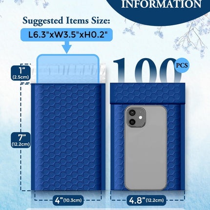 GSSUSA Bubble Mailers 4x8 100 Pack,Blue Padded Envelopes Selfseal,Usable Size 4x7 Small Bubble Envelopes Shipping Bags for Shipping Supplies,Card,Jewelry Packaging,Small Business Packaging Supplies