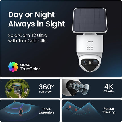 aosu T2 Ultra 4K Security Cameras Wireless Outdoor, TrueColor Night Vision, AI Triple Detection, 360° Auto Tracking, Solar Powered WiFi Camera for Home Security, 1Pack