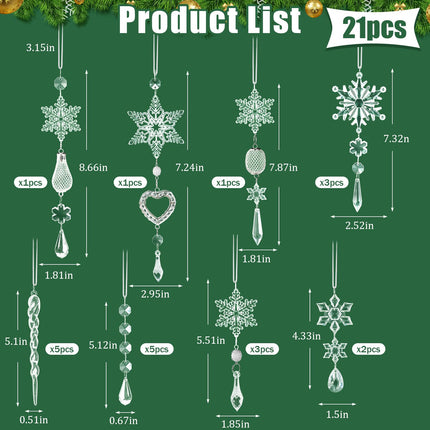 21Pcs Christmas Decorations for Xmas Tree Decor Clear Crystal Ornaments