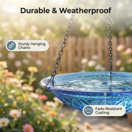 2026 Solar Cascade Hanging Bird Bath Fountain - 3 Layers Outdoor Water Feature for Hummingbirds, Easy-Clean 9.3" Glass Basin with Solar Powered Pump, Attract Wild Birds to Garden, Patio (Blue)