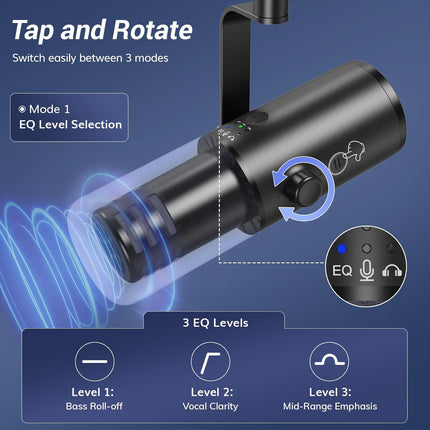 TONOR Dynamic Podcast Microphone for Studio, Cardioid XLR/USB Mic, AI Noise Cancellation, Tap Mute, 3.5mm Headphone Jack for Monitoring, Volume Control, Microfono with Boom Arm, Black, TD510 AIR H+