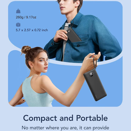 VRURC Portable Charger with Built in Cables, Slim Power Bank 10000mAh, USB C Travel Battery Pack, 5 Output 2 Input External Charging Bank for iPhone 17 16 15 14 13,Samsung,Android-Black(1 Pack)
