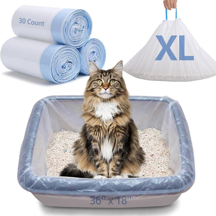 Cat Litter Box Liners, Heavy Duty Cat Litter Bags, 30 Count Extra-Thick 3MIL Drawstring Cat Litter Box Bags, Jumbo 36’’ x 19’’ Cat Litter Box Liners - Tear & Leak Resistant - Pet Supplies(3 Rolls)