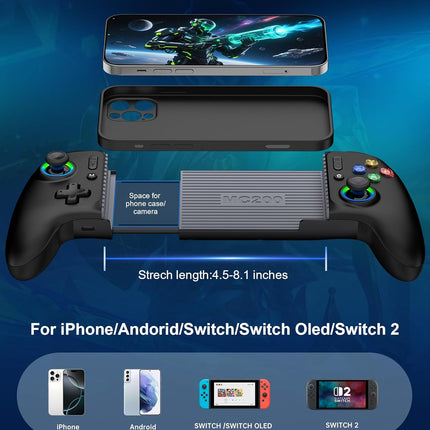 Mocagen Mobile Gaming Controller, MC2 Phone Controller for iPhone/Android/Switch/Oled/Switch 2 with Programmable/Hall Effect Joysticks & Analog Triggers/RGB Light