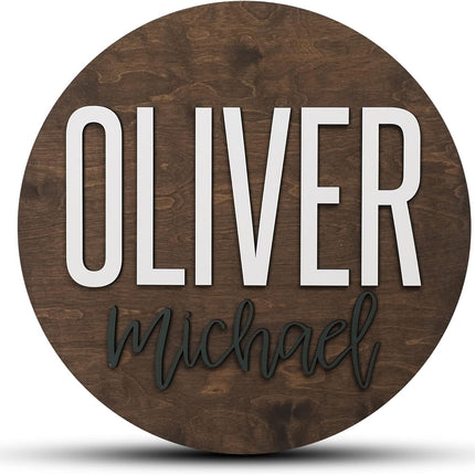 Custom Round Nursery Name Sign, Personalized Wooden Wall Plaque, 12" 18" 24", 30" 3D Wall Art for Children & Kids Rooms, Baby Shower, Hickory Hollow Designs (Oliver Michael)
