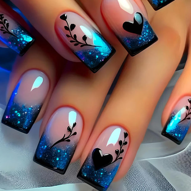 24 Pcs Blue Gradient French Tip Press on Nails Short Square Shaped False