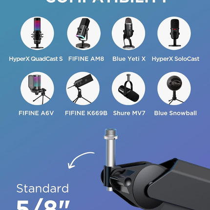 InnoGear Mic Boom Arm, Microphone Stand with Cable Management Channels Height Riser for Blue Yeti FIFINE AM8 K669B HyperX QuadCast S SoloCast AT2020 Shure SM7B MV7 and Other Mics