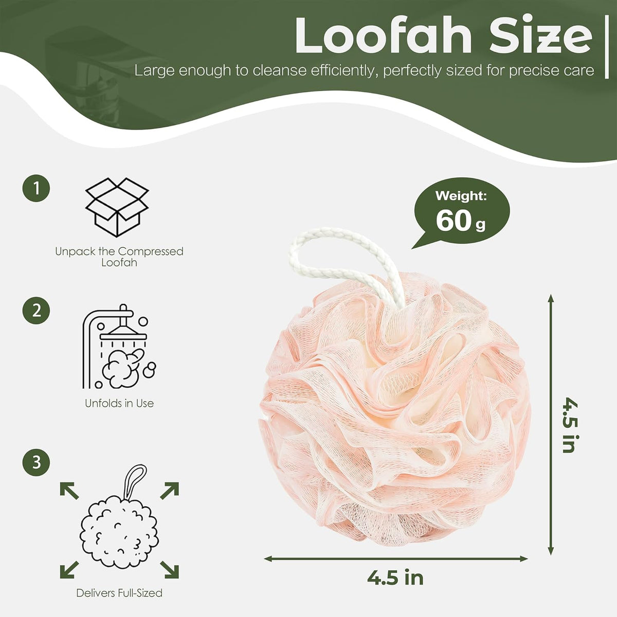 Loofah Sponge 4 Pack, Exfoliating Body Scrubber for Shower, Soft Bath Sponges with Hanging Loop, 60G Gentle Loofah for Women Men (Pastel Colors)