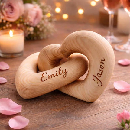 Personalized Romantic Interlocking Wood Hearts - Custom Couple Names Valentine's Anniversary Wedding Gift - Handcrafted Home Decor