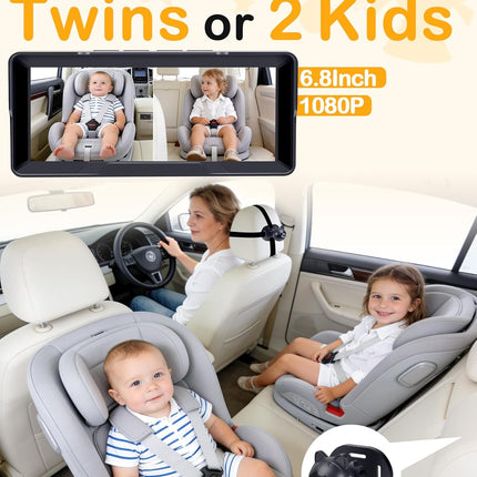 Thybro 1080P Dual Baby Car Camera: 6.8" Night Vision Monitor 2-Kids from Head to Toe at Once - USB Plug & Play Tool-Free Easy Setup for Two-Child Families on Daily Driving