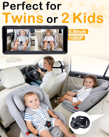 1080P Dual Baby Car Camera: 6.8" Night Vision Monitor 2-Kids from Head to Toe at Once - USB Plug & Play - photo 2