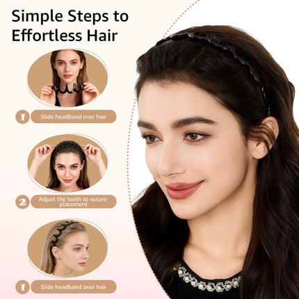2 Pack Zig Zag Headbands for Women, Non-Slip Wavy Plastic Hair Comb Headbands with Teeth, U-Shape High Cranium Korean Style, Classic 90s Hair Accessories, Gifts for Women (Black & Brown)