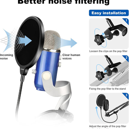 Aokeo Professional Microphone Pop Filter Mask Shield For Blue Yeti and Any Other Microphone,Mic Dual Layered Wind Pop Screen With Flexible 360° Gooseneck Clip Stabilizing Arm