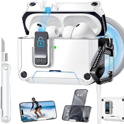 Dual Safety Lock for AirPods Pro 3 Case 2025, Compatible with MagSafe - Designed with Automatic Switch and Phone Stand, Includes a Cleaner & Keychain - Rugged Tough Hard Shell, White