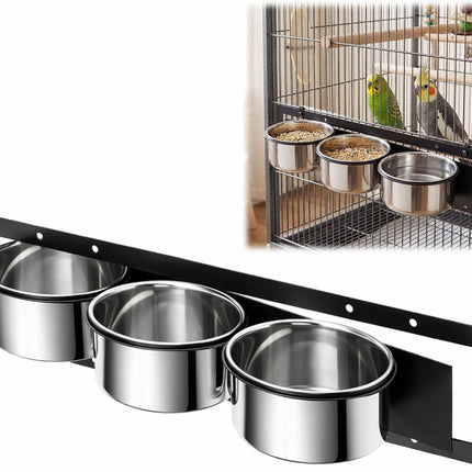 LemonRoad 3 Pcs Stainless Steel Bird Feeder Cups with Swing Gate, Durable Rustproof Feeder with Holder (18.9" x 5.12") for Parrots, Cockatiels, Lovebirds, Easy to Install, Perfect for Large Bird Cages