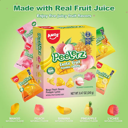 AMOS Peelerz Exotic Fruit Peelable Gummy Candy, 5 Tropical Flavors Mango Peach Banana Pineapple Lychee, 8.47oz Box 10 Individual Packs, Easter Basket Stuffers Fun Egg Hunt Treats with Real Fruit Juice