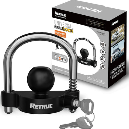 RETRUE Universal Coupler Lock Trailer Locks Ball Hitch Trailer Hitch Lock Adjustable Security Heavy-Duty Steel fits 1-7/8 Inch, 2 Inch, 2-5/16 Inch Couplers, Black