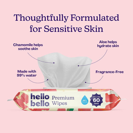 Hello Bello Premium Wipes, Designed for Sensitive Skin with Chamomile & Aloe Extracts, Rosy Posy (9 Resealable Packets = 540 Total Wipes)