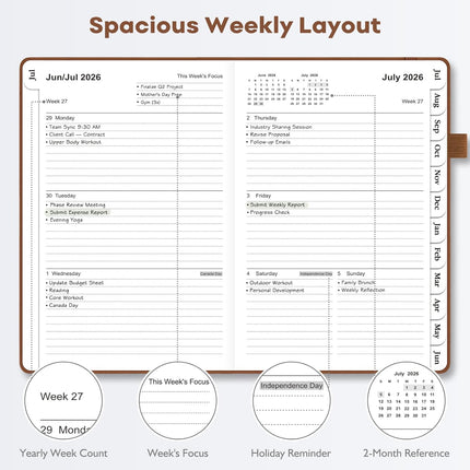 OMEYA Leather Academic Planner 2026-2027: A5 Brown Business Weekly & Monthly Planner for Work, July 2026 – June 2027, 100gsm Thick Paper, Durable Stitched Binding, Tabs, Pen Loop, Pocket