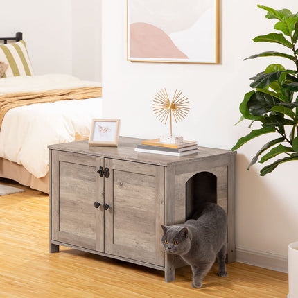 Litter Box Enclosure, Cat Litter Box Furniture with Removable Divider, Large Hidden Litter Box Furniture, Wooden Cat House, End Side Table, 31" L x 17.5" W x 19.7" H, Greige BG03MW01G2