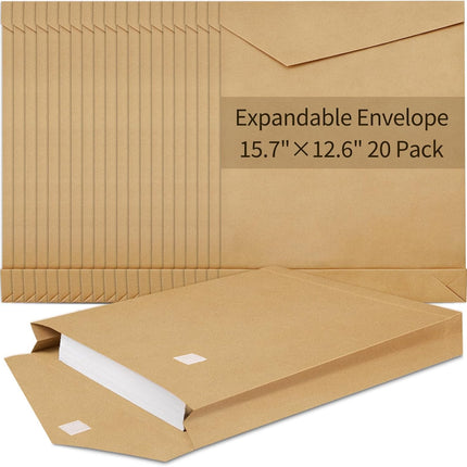 20 Pack 12.6" x 15.75" Expandable Large Kraft Envelopes, Anti Tear Catalog Mailing Envelopes with Big Hook-and-Loop Closure for Home Office Business Paper Documents Storage, Brown