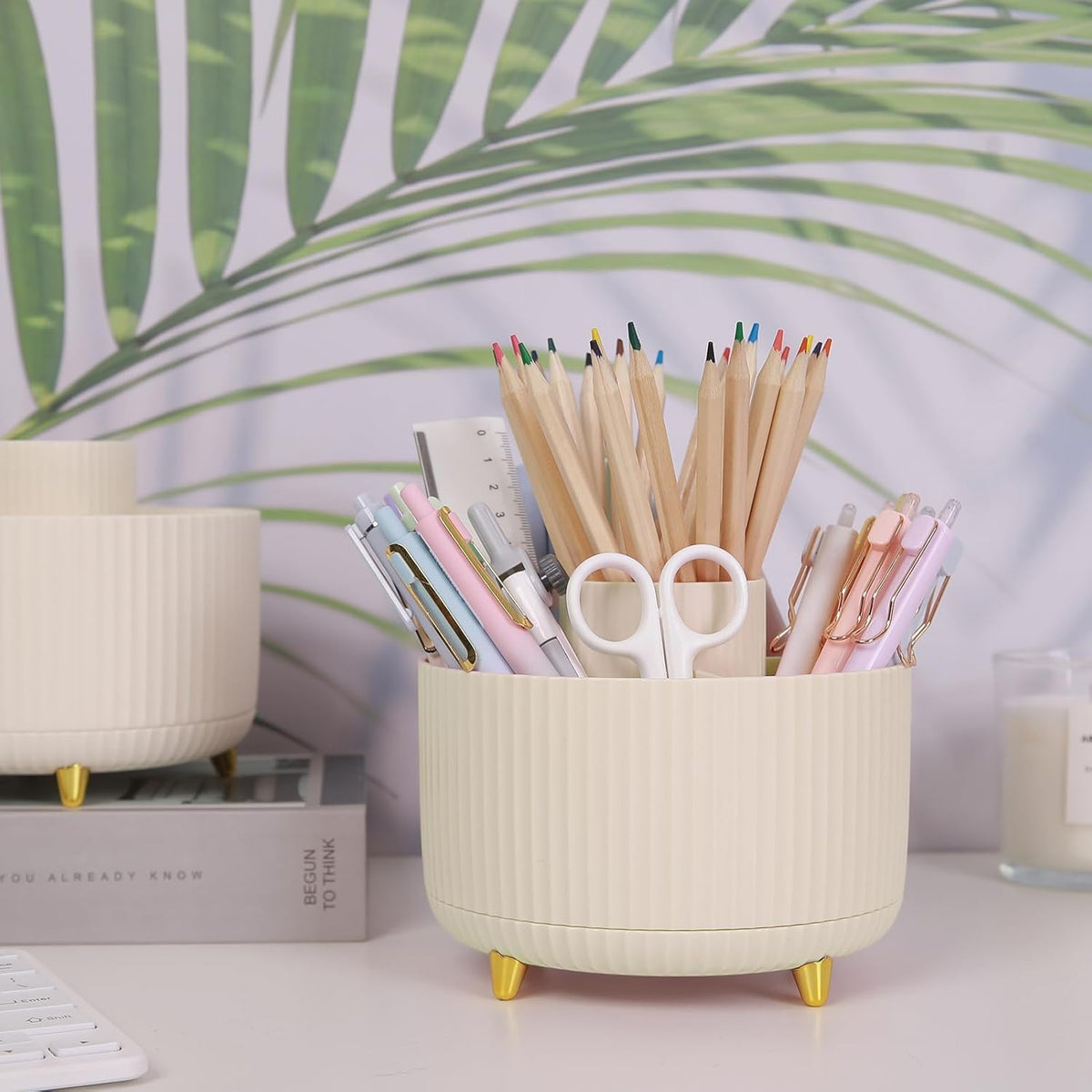 360 Rotating Plastic Desk Pen Organizer with 5 Slots, Dual-Purpose Art Supply Pencil Cup for Office - photo 2