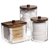 3 Pack Qtips Holder Bathroom Container, 10 oz Cotton Ball/Swabs Dispenser, Apothecary Jar Organizer for Storage Brown Wood Lids