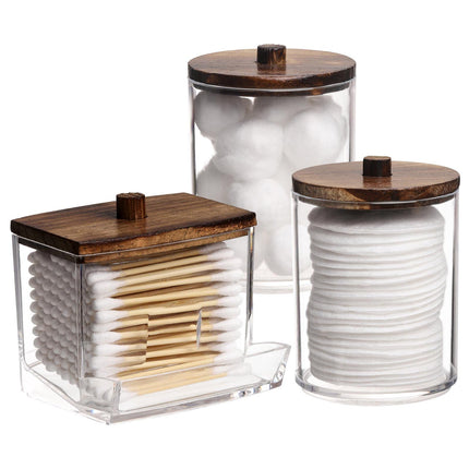 3 Pack Qtips Holder Bathroom Container, 10 oz Cotton Ball/Swabs Dispenser, Apothecary Jar Organizer for Storage Brown Wood Lids