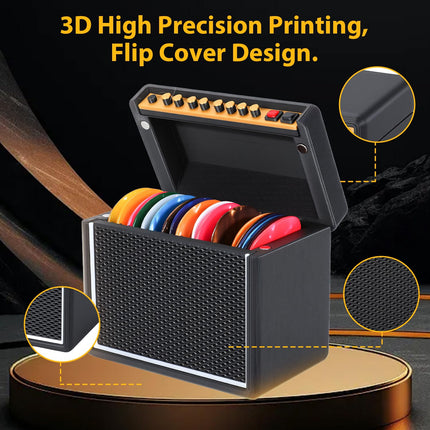 Guitar Picks Holder Box, Amp Speaker Styled Pick Holder with 5 Celluloid Guitar Picks, Guitar Pick Display Holder Storage Box Set for Guitar Players and Music Lovers