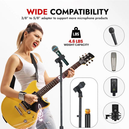 Heavy Duty Microphone Stand with Round Base, Height Adjustable 37.5-70 Inches, Black Metal Construction, 4.6 lb Capacity, Universal 5/8" Thread, Includes Clips and Adapter