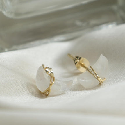 Gempires Gemstone Half Moon Stud Earrings for Women | Gold Wire Wrapped Push Back Studs | Minimal Celestial Jewelry | Handmade Everyday Gift Earrings | Citrine, Emerald, Amethyst & More Options