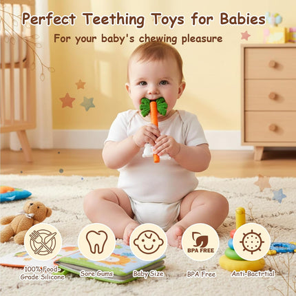 Baby Teething Toys Silicone Carrot Rabbit Hollow Teething Tubes -Sensory Chew Toys Over 3 Months - Teether Straws for Teething Relief -BPA Free Infant Toys Baby Shower Gifts Baby Essentials (1)
