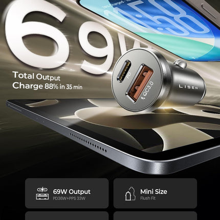 LISEN 69W Mini Cigarette Lighter Adapter Car Charger USB C Fast Charging, 12V Cigarette Lighter USB Car Charger Fast Charging Adapter, for iPhone 17 Pro Max 16 15 14 13 12 Plus Mini, Samsung S26 S25