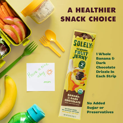 SOLELY - Organic Banana Chocolate Drizzled Fruit Jerky - 1 Individually Wrapped Fruit Strip - Fruit Leather Made from Dried Fruit - Healthy Snacks for Adults & Kids - Vegan, Non GMO - 0.8oz (23g)