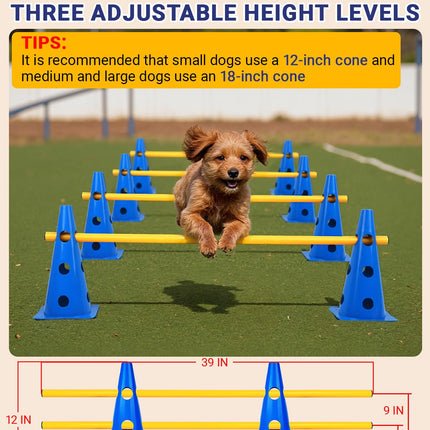 Dog Agility Course Backyard Set, Dog Agility Hurdle Cone Set with Height Adjustable Crossbar for Rehabilitation & Beginners, Dog Agility Equipment for Dog Obstacle Course - 12 Inch