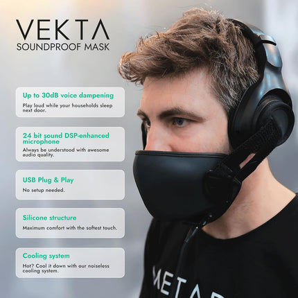 VEKTA Soundproof Gaming Mask – Up to 30 dB Sound Dampening – Clear-Voice Built-in Mic + Optional Earphones – Comfortable, Easy Breathing – USB Wired for PC/PS4/PS5/Switch/Mobile (L/XL)