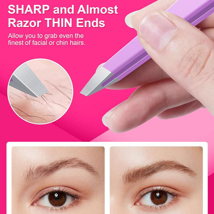 Expert Slant Tip Tweezers with Leather Case, GlamTweeler Sharp & Precision Stainless Steel Tweezer for Eyebrows, Facial Hair and Fine Hairs Removal (Violet)