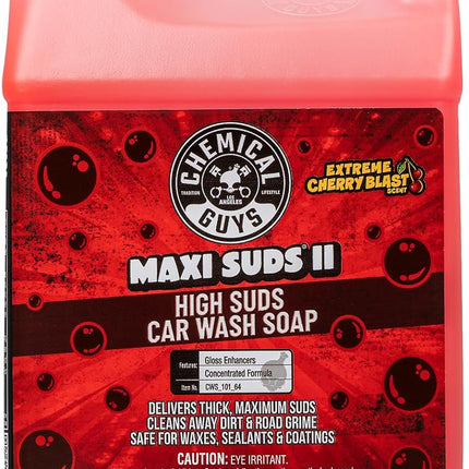 Chemical Guys Maxi Suds II Foaming Car Wash Soap – High Foam Car Wash Soap, Cherry Scent Shampoo and Gloss Booster for Foam Cannons, Guns or Buckets – Gentle, Safe for Trucks, SUVs, and RVs, 64 oz